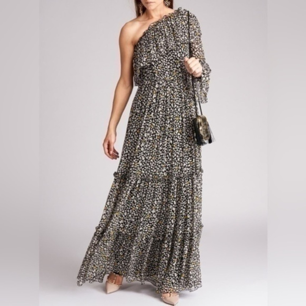 MSGM Black Silk Star Pattern One Shoulder Ruffle Maxi Dress Size 46